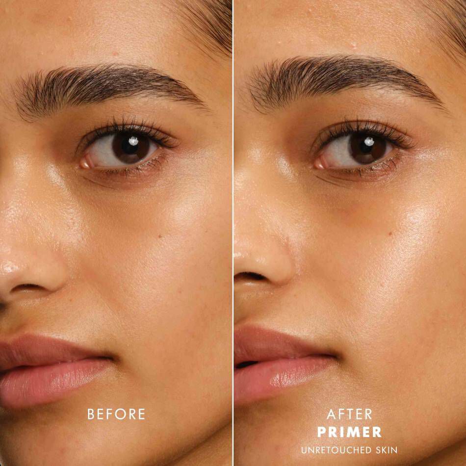 Before and after application of primer on unretouched skin, showing a smoother, more luminous complexion.