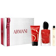 Si Passione Eau de Parfum 100ml, 10ml travel size and 50ml Perfumed Body Lotion in a bold red bottle duo, nestled in an open white Armani gift box with red ribbon — women's floral fragrance gift set.