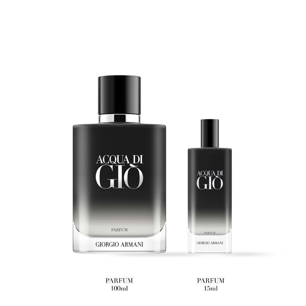 Two bottles of Acqua di Gio Parfum, 100ml and 15ml, are displayed side by side on a white background, showing their black to clear gradient design.