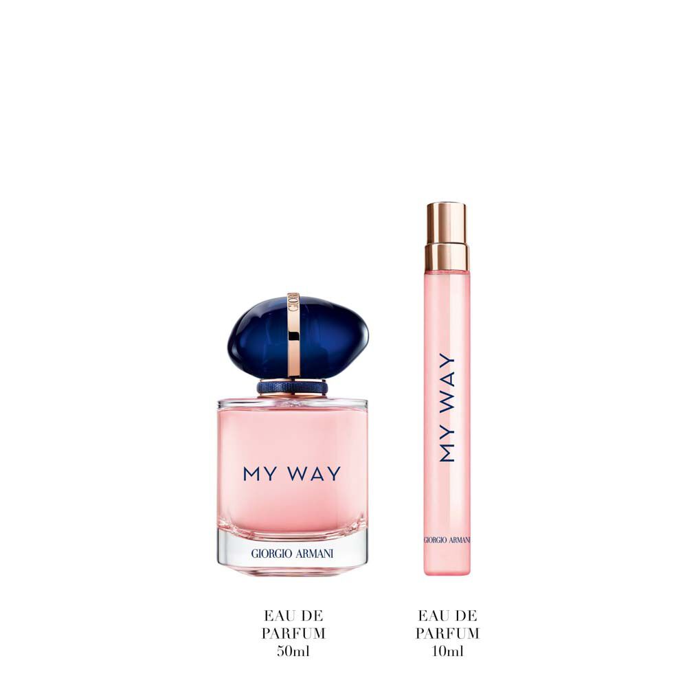 My Way Eau de Parfum 50ml and 10ml, elegant blue bottles standing upright — Giorgio Armani women's floral fragrance gift set, white background.