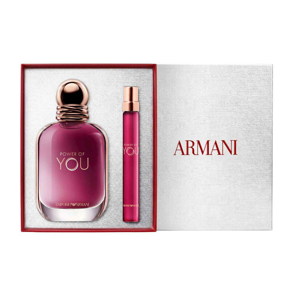 Power of You Eau de Parfum 50ml and 10ml in signature ruby bottles alongside a white Armani gift box — women's floral fragrance gift set.