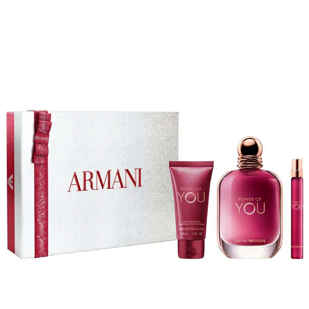 Power of You Eau de Parfum 50ml in a sleek ruby bottle, Power of You Eau de Parfum 10ml  and 50ml perfumed body lotion nestled in an open white Armani gift box with red ribbon — women's floral fragrance gift set.