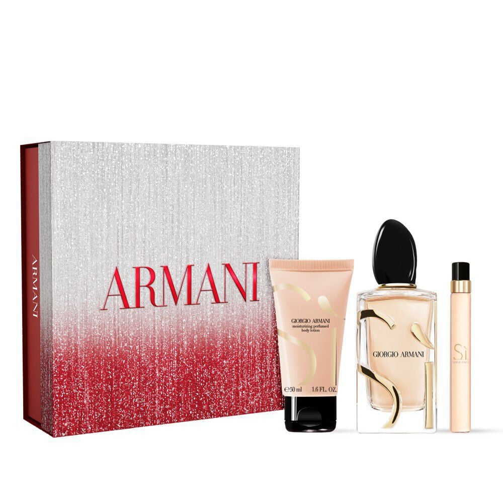 Armani Si Eau de Parfum 100 ml perfume, 10ml travel size and 50ml body lotion presented in front of a festive red and silver ARMANI gift box.	