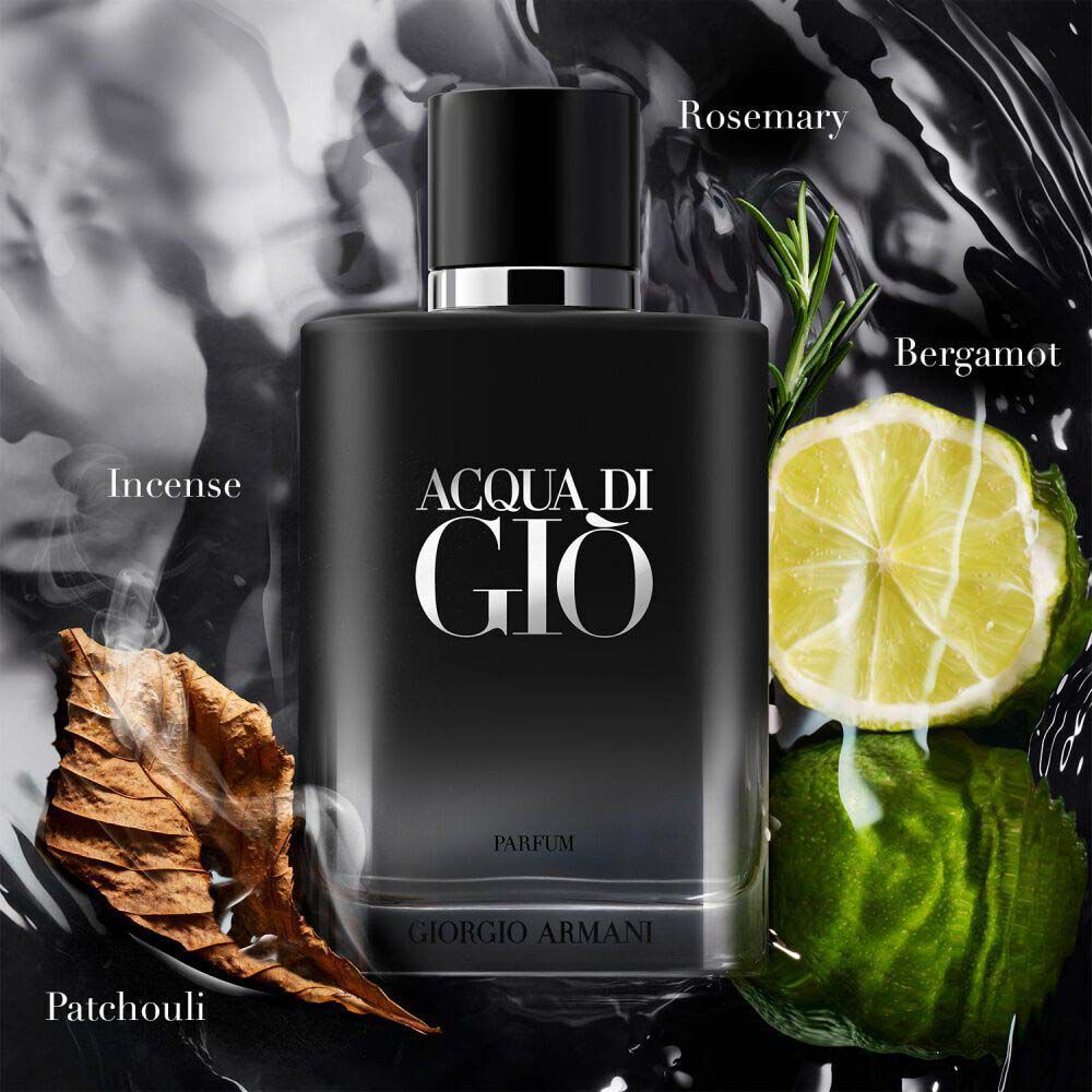 Acqua di Gio Parfum by Giorgio Armani, black bottle surrounded by bergamot, rosemary, incense smoke, and patchouli leaf on a dark abstract background — men's woody aromatic parfum.