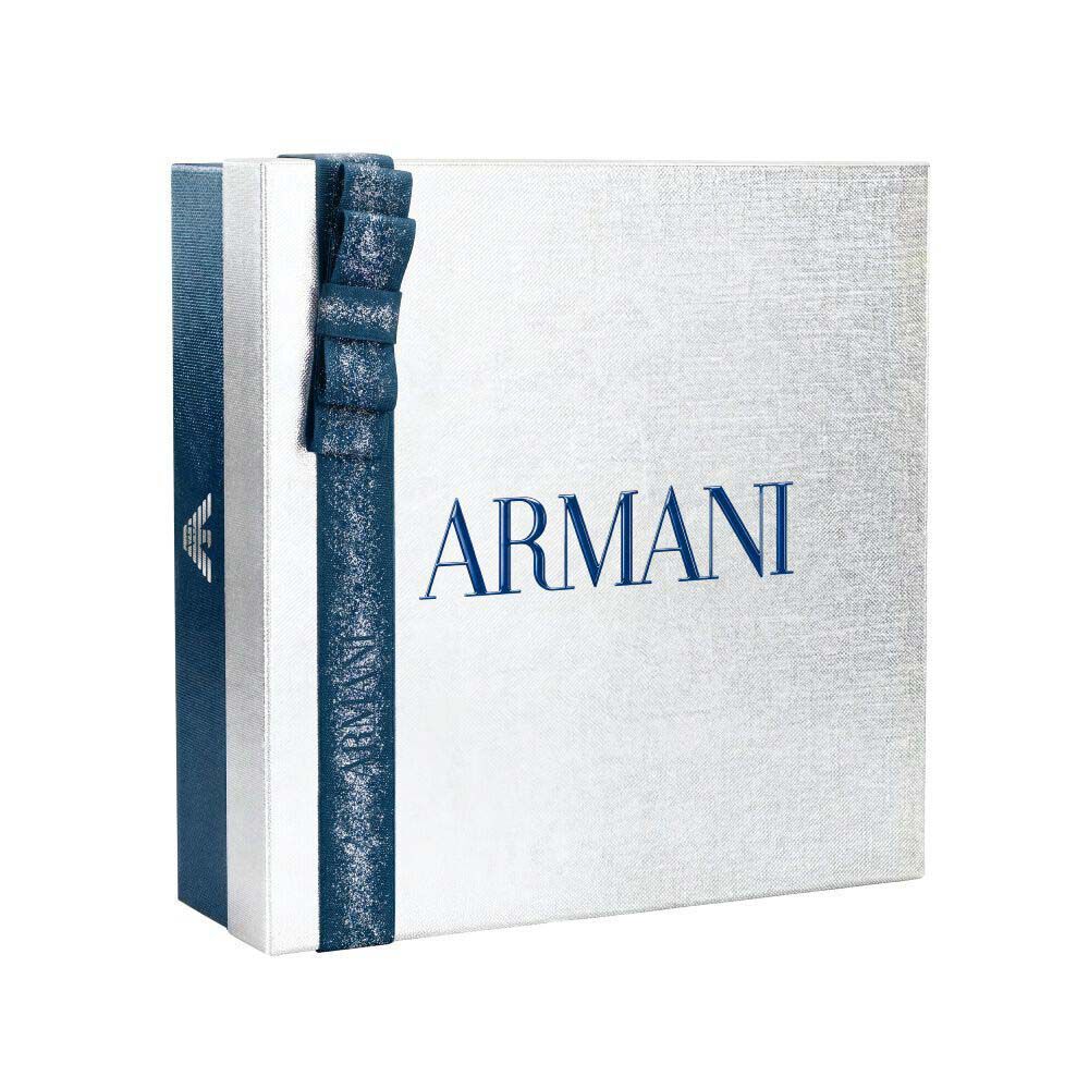 Emporio Armani Stronger With You  Parfum — white and silver Armani gift box tied with teal satin ribbon, white background.