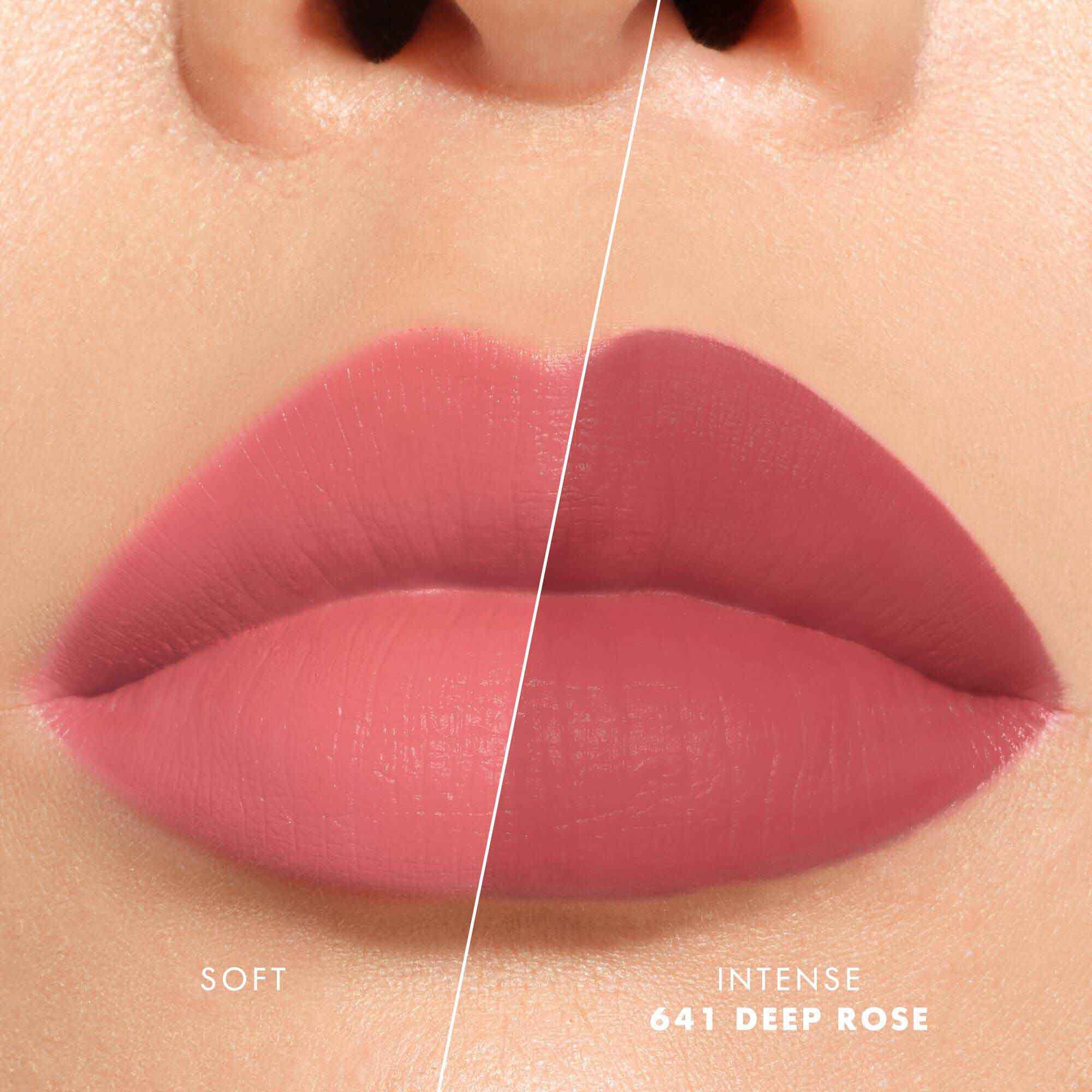 Close-up of lips showing shade 520 Dusty Rose in two intensities: soft on the left and intense on the right, with a velvet-matte finish.