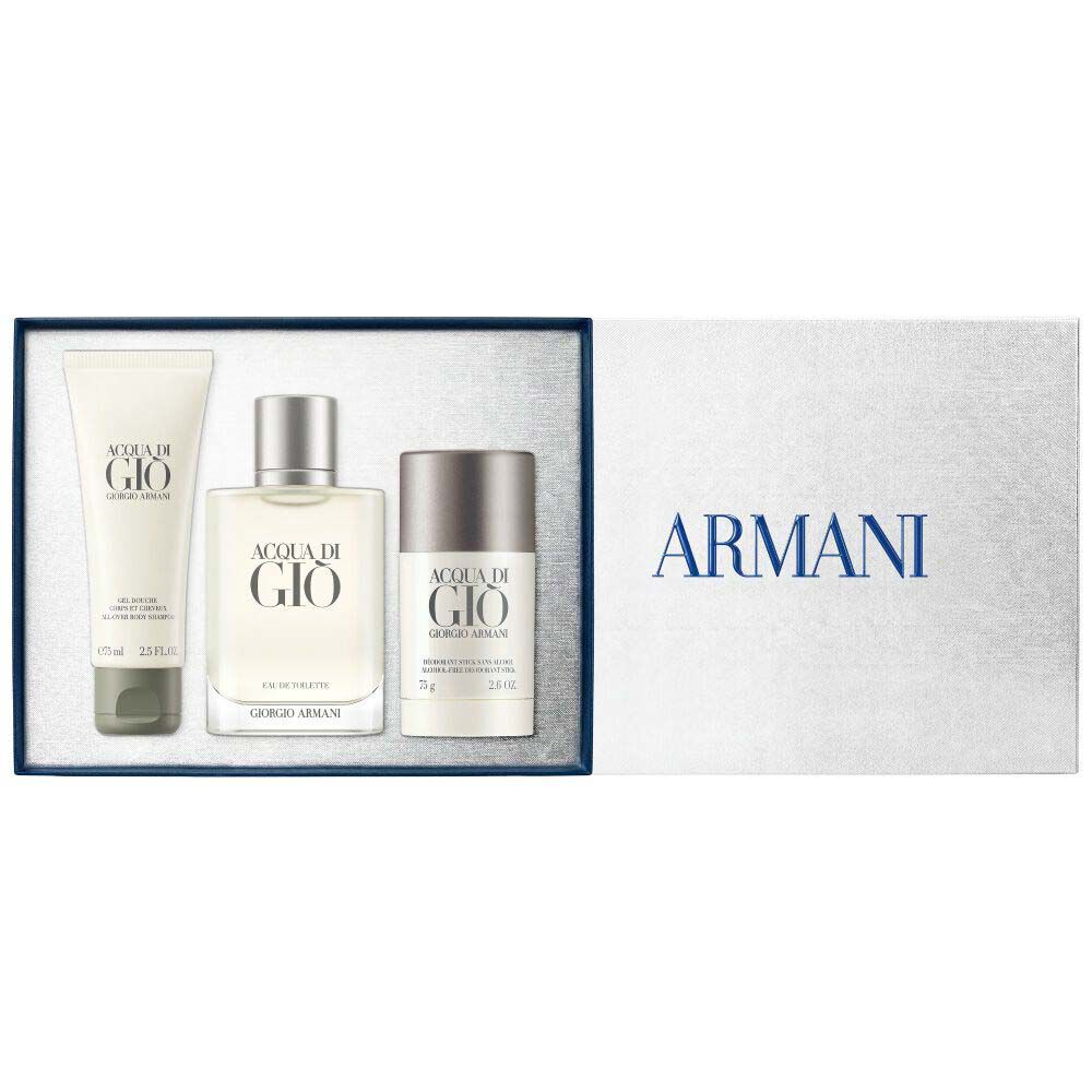 Giorgio Armani Acqua di Gio gift set — Acqua di Gio Eau de Toilette 100ml gift set — signature bottle, All-Over Body Shampoo 75ml and Deodorant Stick 75g neatly arranged inside the open grey Armani gift box, white background.
