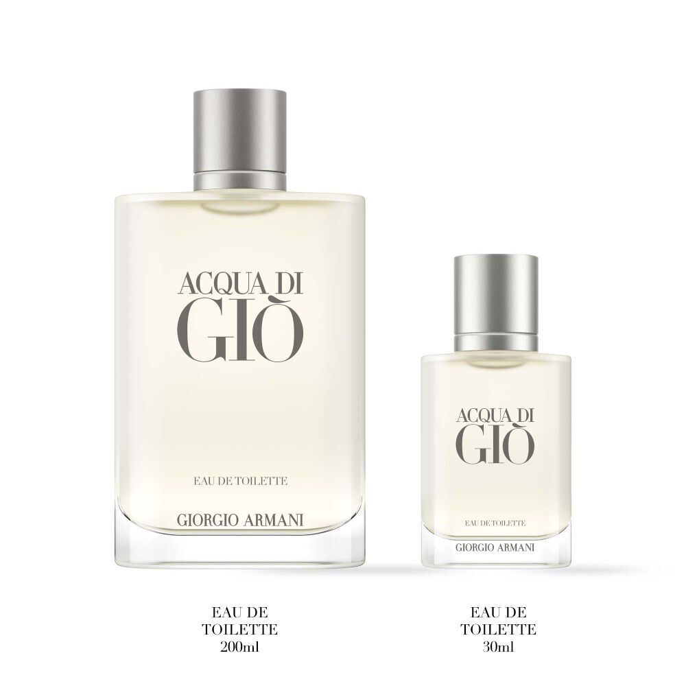 Two frosted bottles of Acqua di Gio Eau de Toilette, 200ml and 30ml, displayed on a white background.