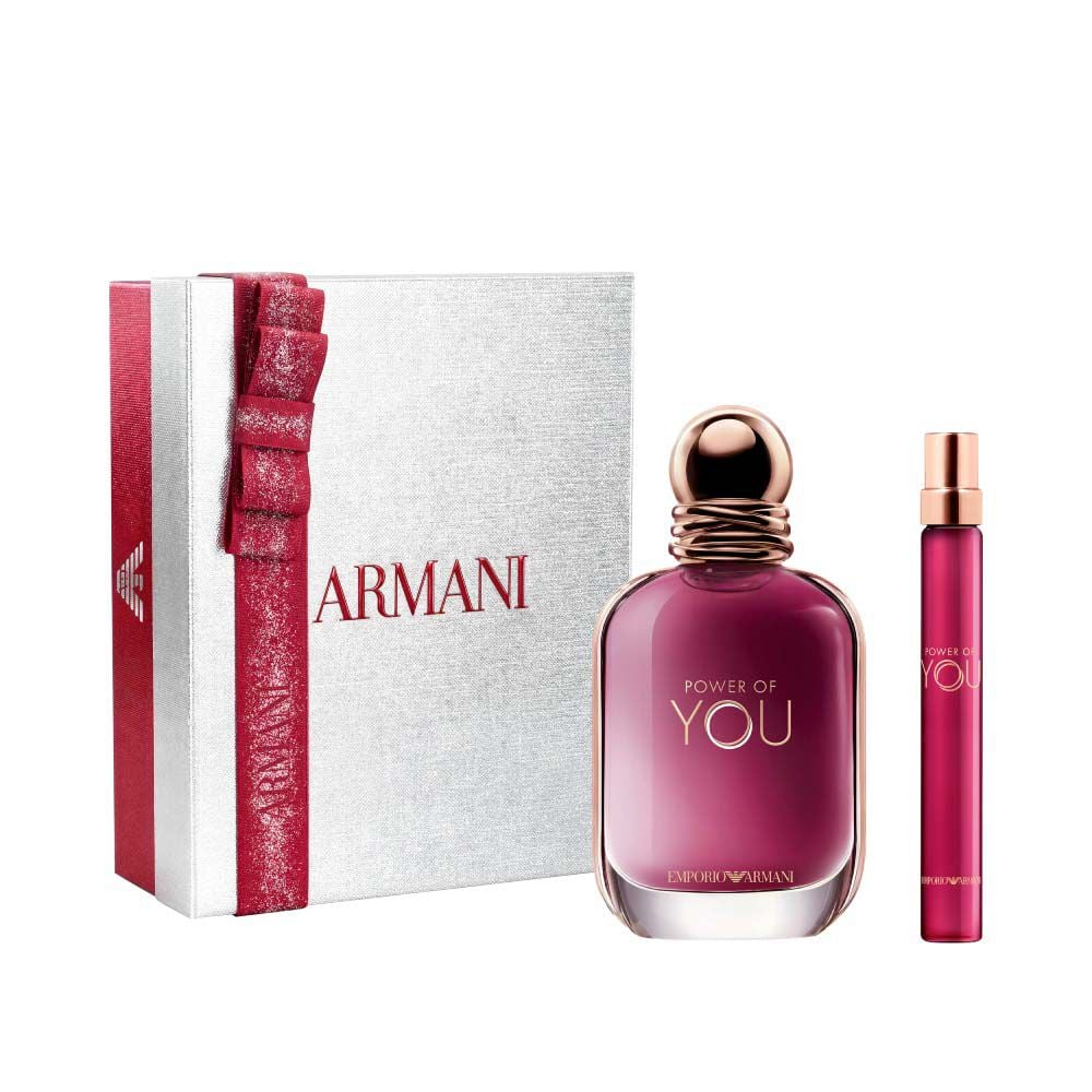 Power of You Eau de Parfum 50ml and 10ml in a sleek ruby bottle duo, nestled in an open white Armani gift box with red ribbon — women's floral fragrance gift set.