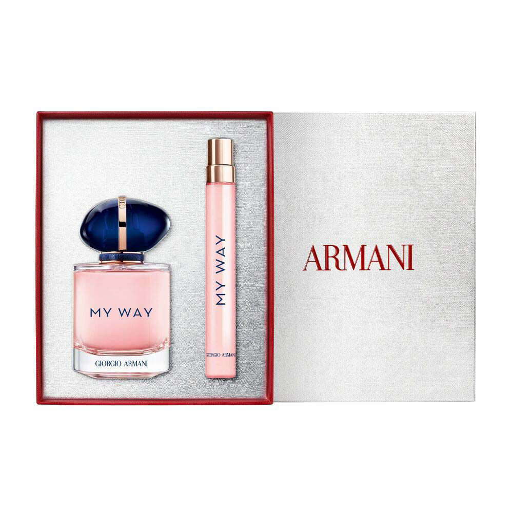 My Way Eau de Parfum 50ml and 10ml in signature blue bottles alongside a white Armani gift box — women's floral fragrance gift set.