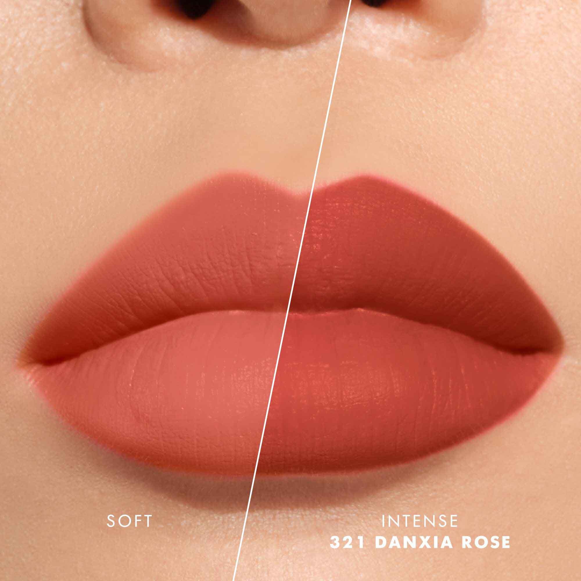 Close-up of lips showing shade 520 Dusty Rose in two intensities: soft on the left and intense on the right, with a velvet-matte finish.