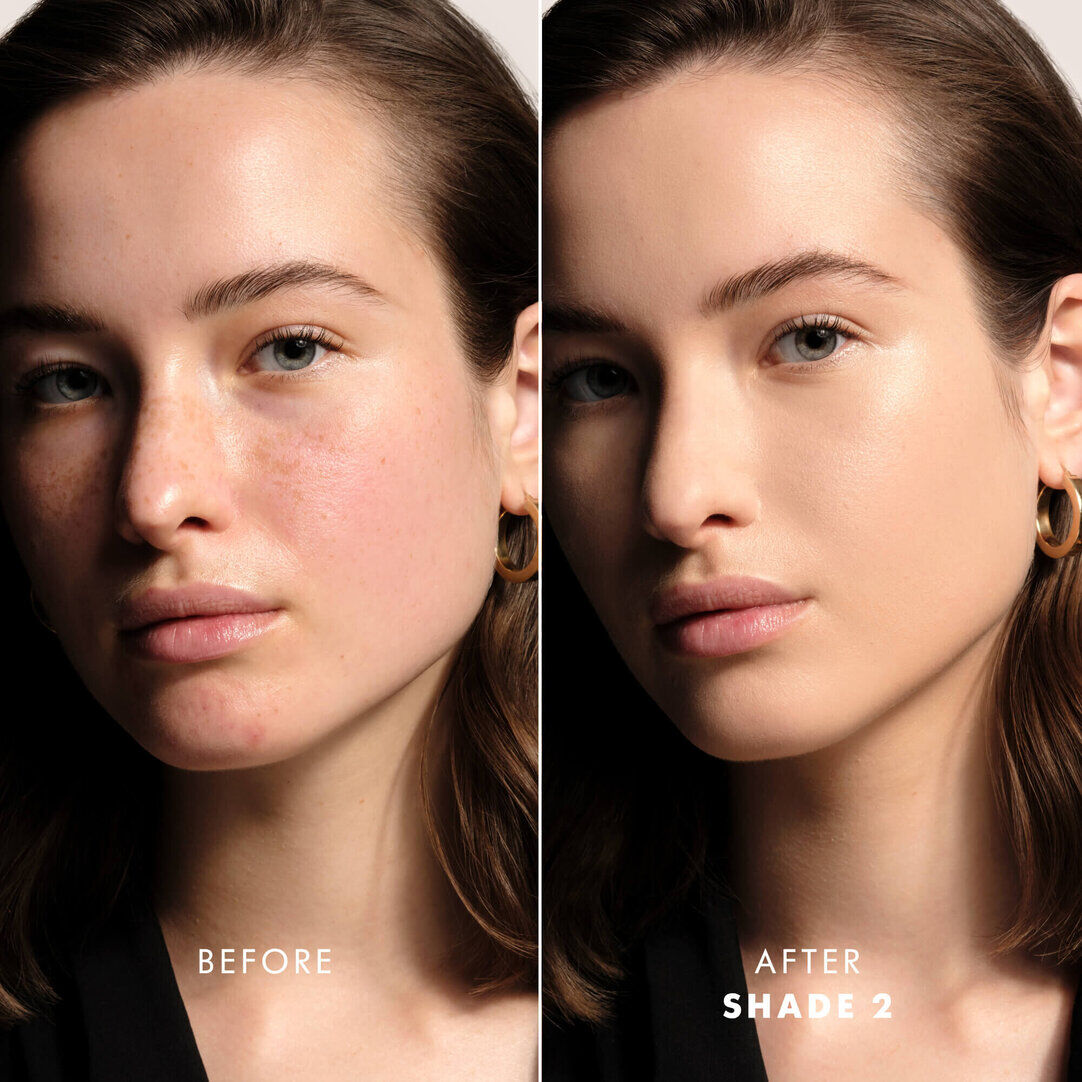 Before and after comparison of a model's face, showing enhanced skin tone and texture after applying LUMINOUS SILK PRISMA GLOW CUSHION.