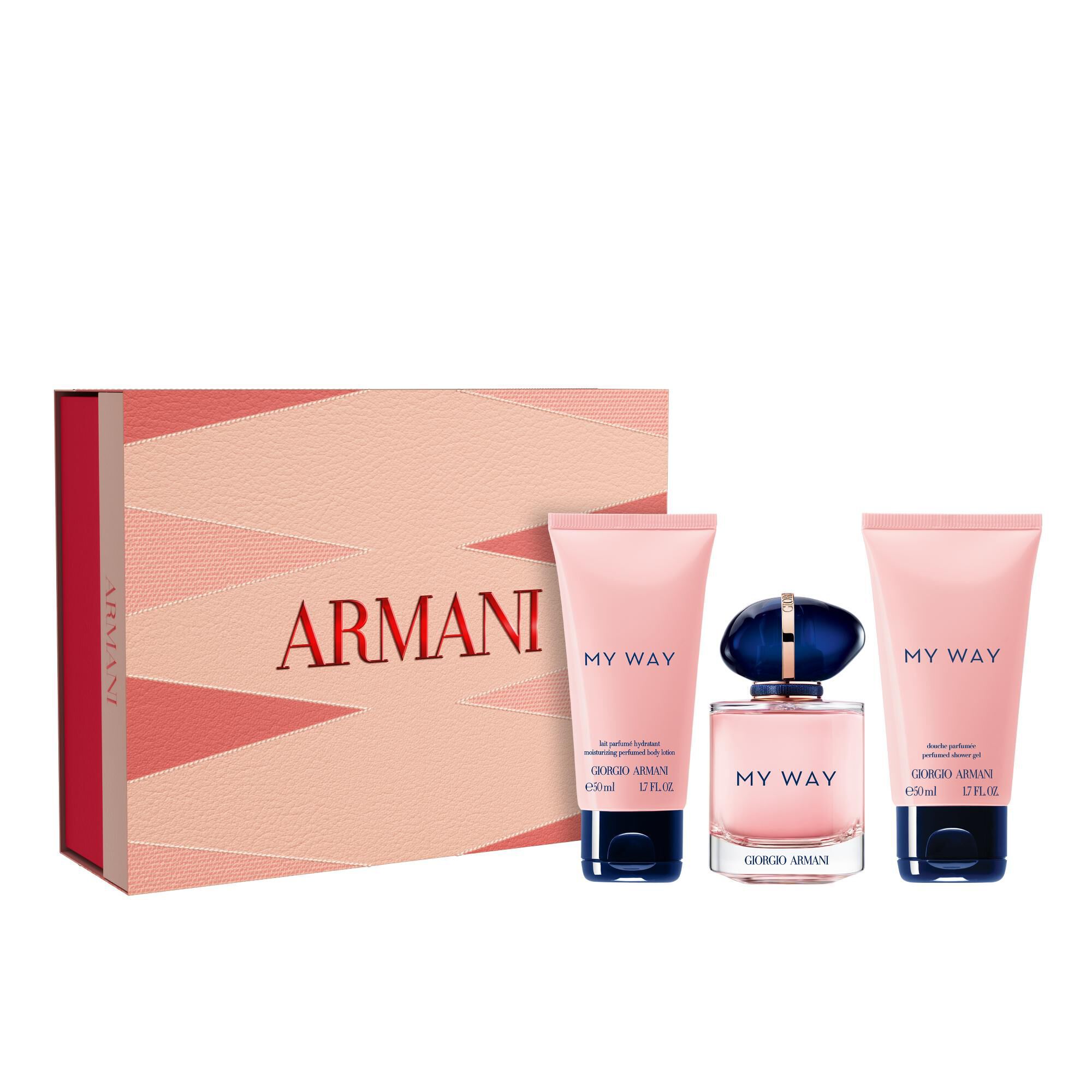 Giorgio Armani My Way Eau de Parfum 50ml, PERFUMED BODY LOTION 50ml and  SHOWER GEL 50ml bottles next to a Mother’s Day gift set box on a white background.
