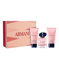 Giorgio Armani My Way Eau de Parfum 50ml, PERFUMED BODY LOTION 50ml and  SHOWER GEL 50ml bottles next to a Mother’s Day gift set box on a white background.