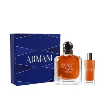 Armani STRONGER WITH YOU ABSOLUTELY gift set featuring EAU DE PARFUM and TRAVEL SPRAY in a bold blue geometric box, showcasing the intense, modern fragrance for men.