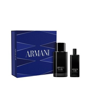 Armani Code set with EAU DE TOILETTE 75ML and 15ML fragrances with a signature blue box, perfect for gifting the classic masculine fragrance and grooming essentials.