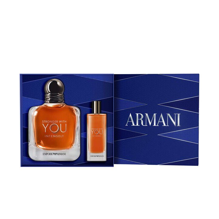 Armani STRONGER WITH YOU ABSOLUTELY duo gift set with EAU DE PARFUM and TRAVEL SPRAY, elegantly presented in a blue Armani box for a luxurious gifting experience.