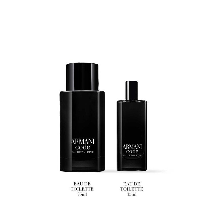 ARMANI CODE EAU DE TOILETTE 75ML and 15ML bottles displayed on a white background, highlighting the sleek black bottle design and premium men’s grooming set.