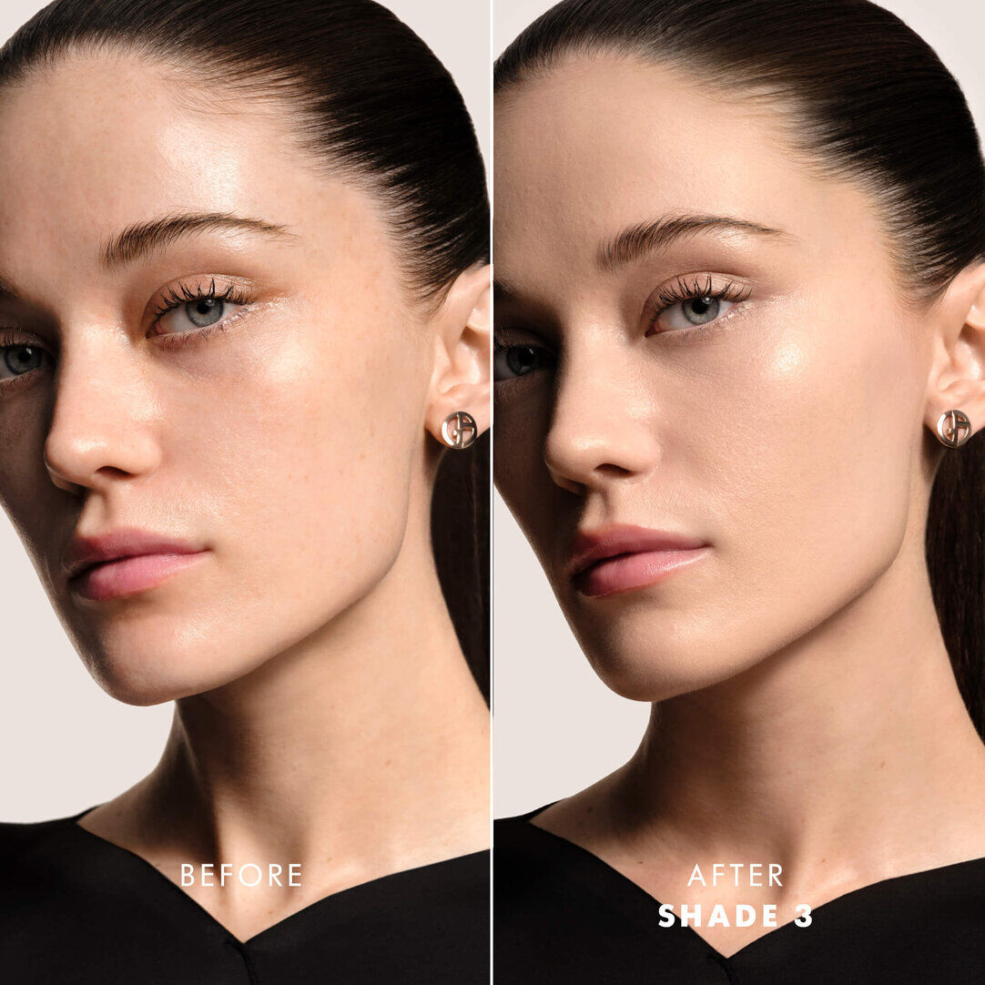 Before and after comparison of a model's face, showing enhanced skin tone and texture after applying LUMINOUS SILK PRISMA GLOW CUSHION.