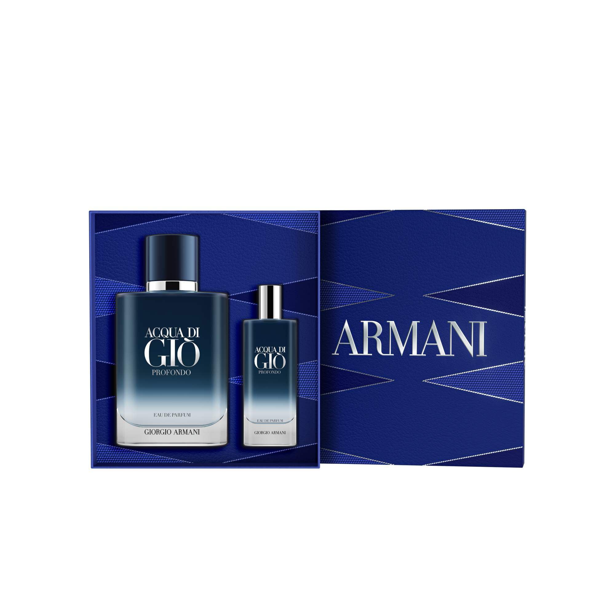 Armani ACQUA DI GIO PROFONDO gift set featuring a large and travel-size bottle in a stylish blue geometric box, perfect for gifting the signature deep aquatic scent.