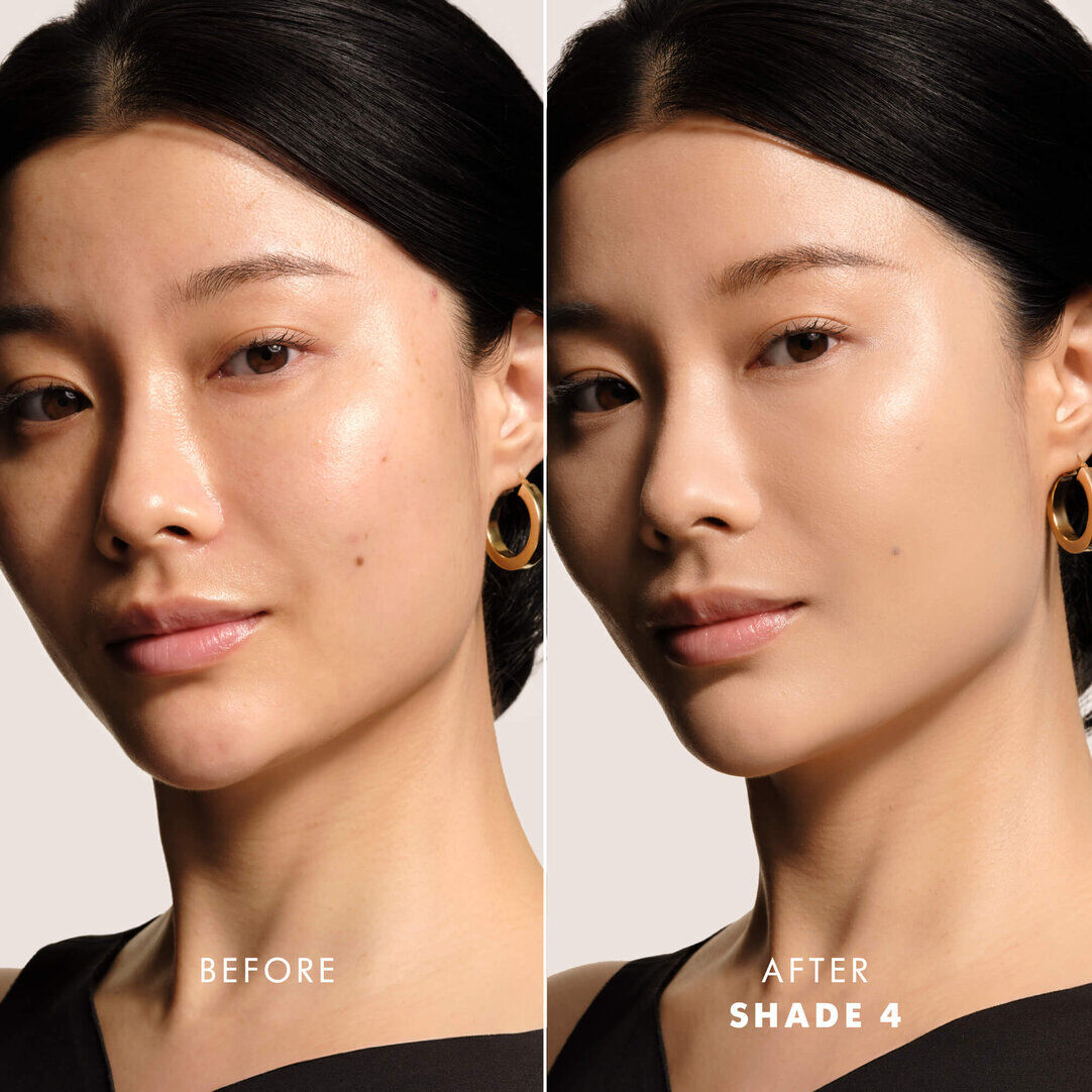 Before and after comparison of a model's face, showing enhanced skin tone and texture after applying LUMINOUS SILK PRIMA GLOW CUSHION.