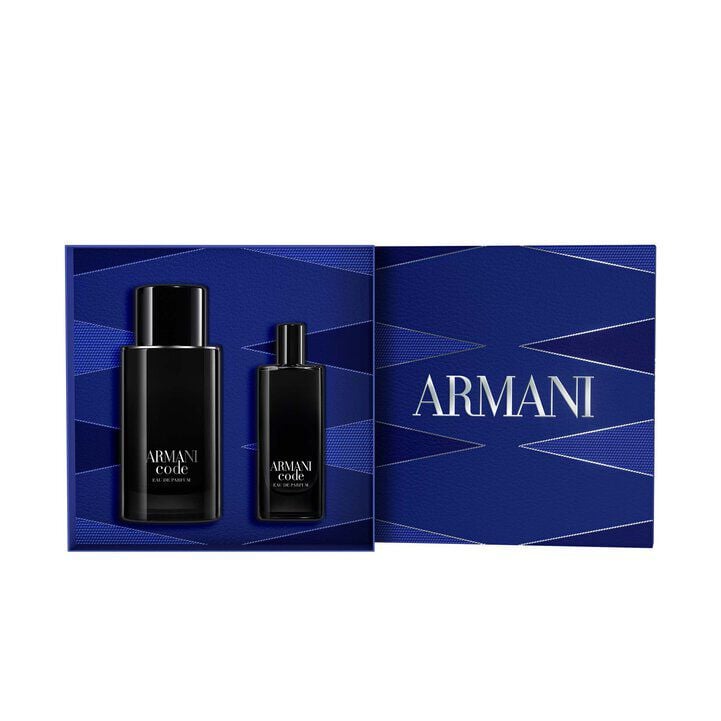 Armani Code set with EAU DE TOILETTE 75ML and 15ML fragrances in a signature blue box, perfect for gifting the classic masculine fragrance and grooming essentials.