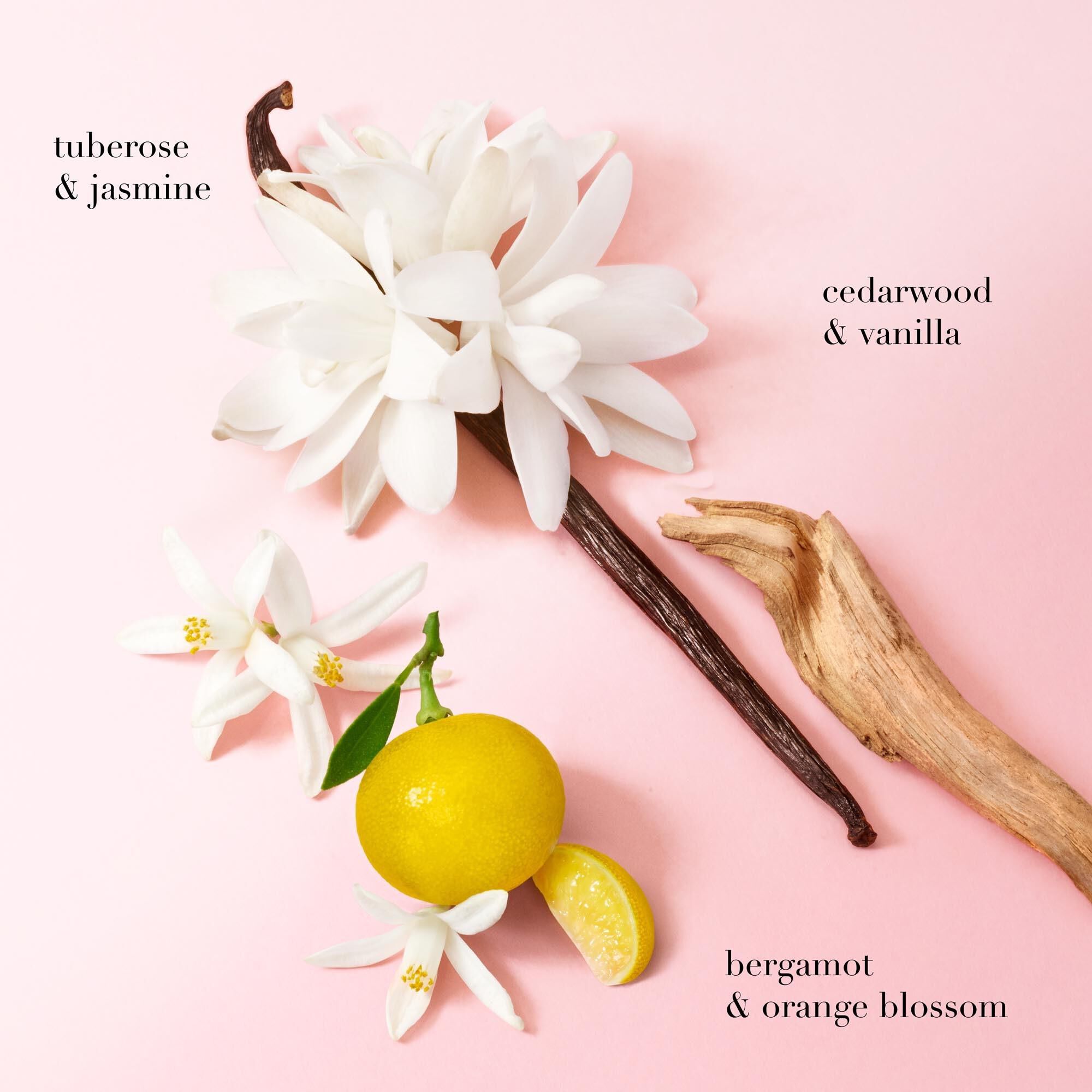 My Way Eau de Parfum with tuberose, jasmine, bergamot, orange blossom, cedarwood, and vanilla, displayed with ingredients on a soft pink background.