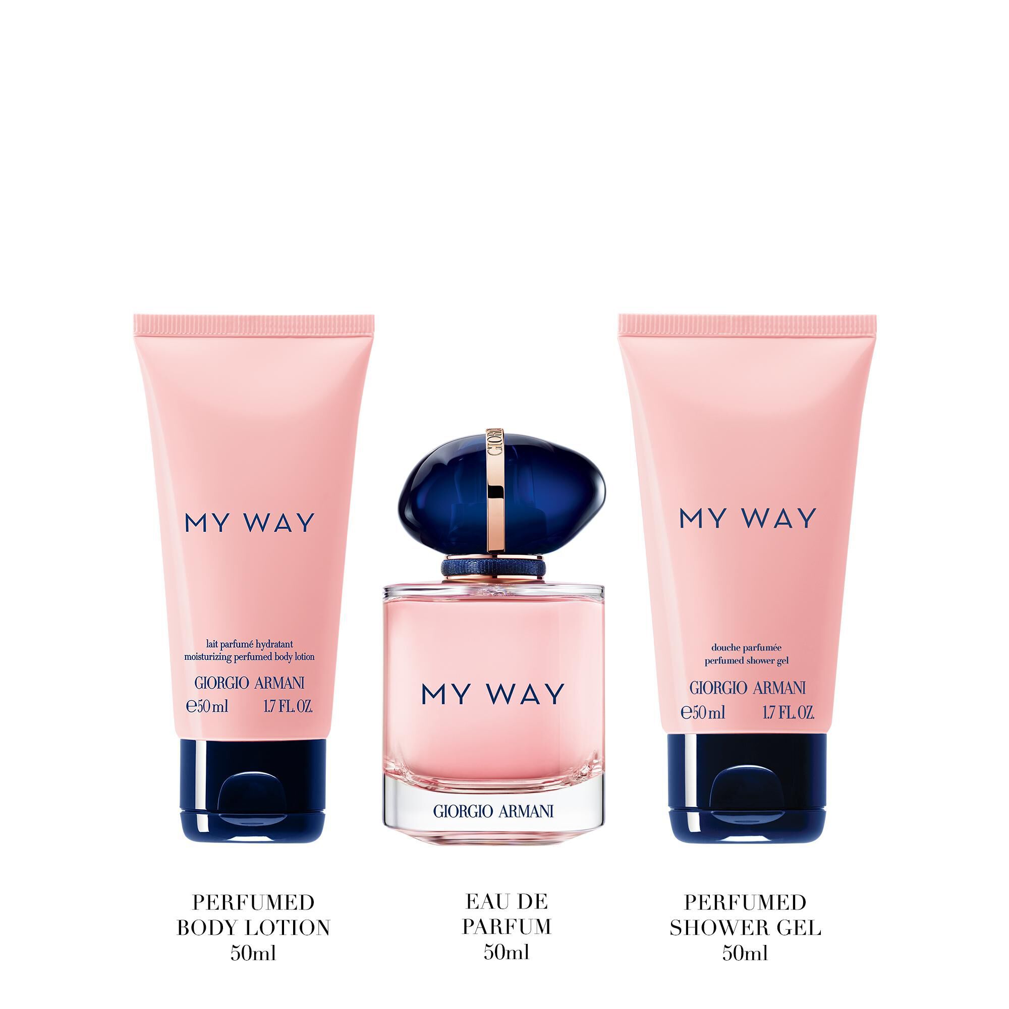 My Way Eau de Parfum 50ml, PERFUMED BODY LOTION 50ml and  SHOWER GEL 50ml on a white background.