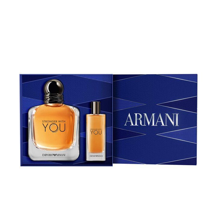 Armani Stronger With You gift set with EAU DE TOILETTE and TRAVEL SPRAY, presented in a stylish blue geometric box, highlighting the brand’s warm, modern fragrance for men.