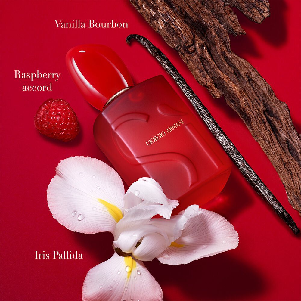Giorgio Armani Si Passione red bloom perfume bottle with raspberry, iris and vanilla.