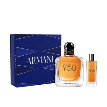 Armani Stronger With You gift set with EAU DE TOILETTE and TRAVEL SPRAY, presented in a stylish blue geometric box, highlighting the brand’s warm, modern fragrance for men.