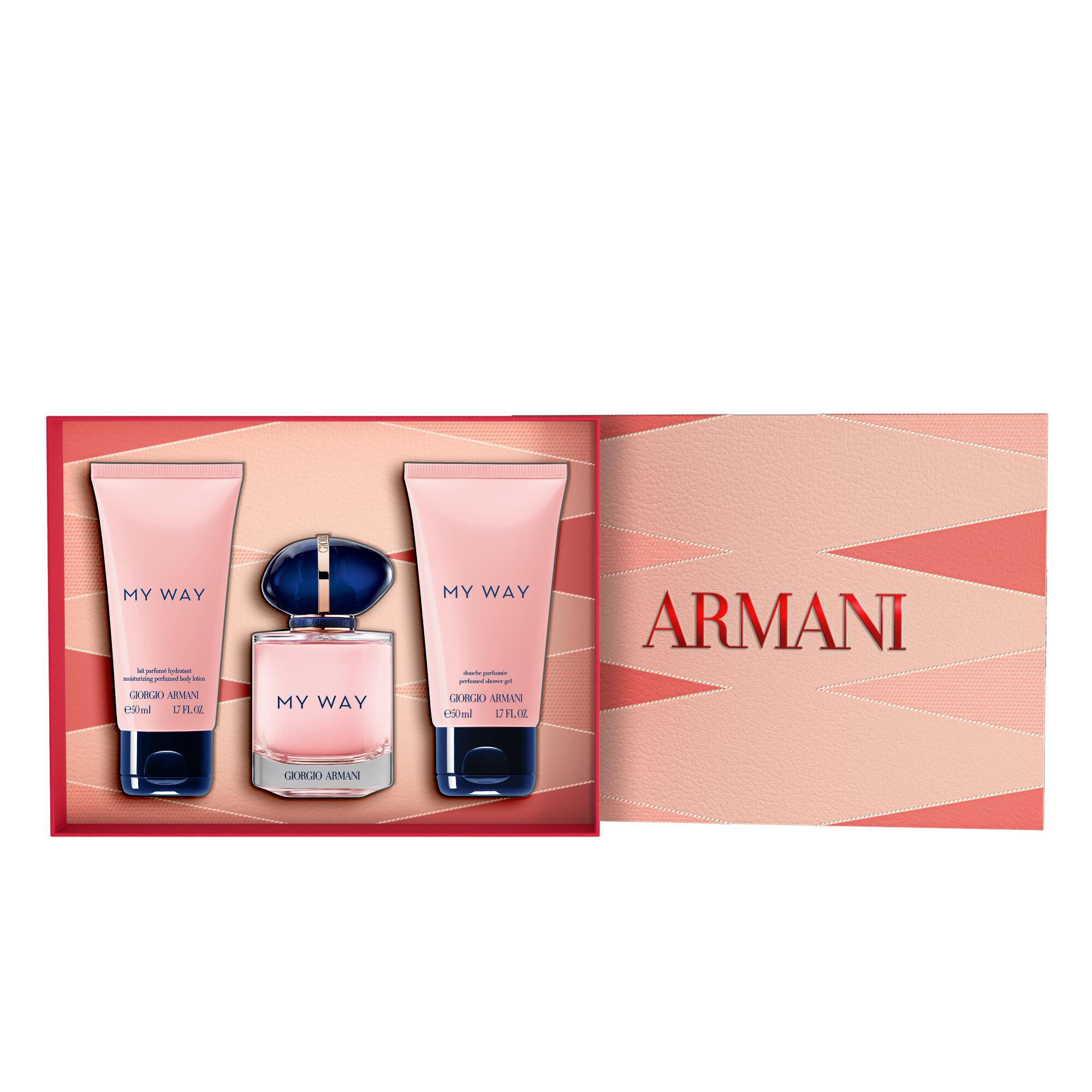 My Way Eau de Parfum 50ml, PERFUMED BODY LOTION 50ml and  SHOWER GEL 50ml bottles and open Mother's Day Gift box on a white background.