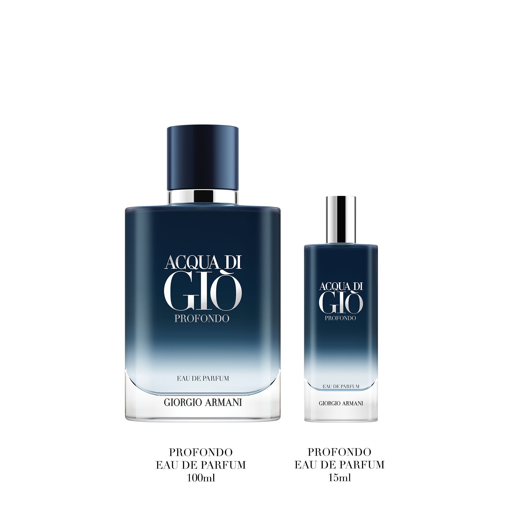 Armani ACQUA DI GIO PROFONDO set with large and small bottles on a white background, emphasizing the refined gradient blue design and the intense aquatic scent from Armani.